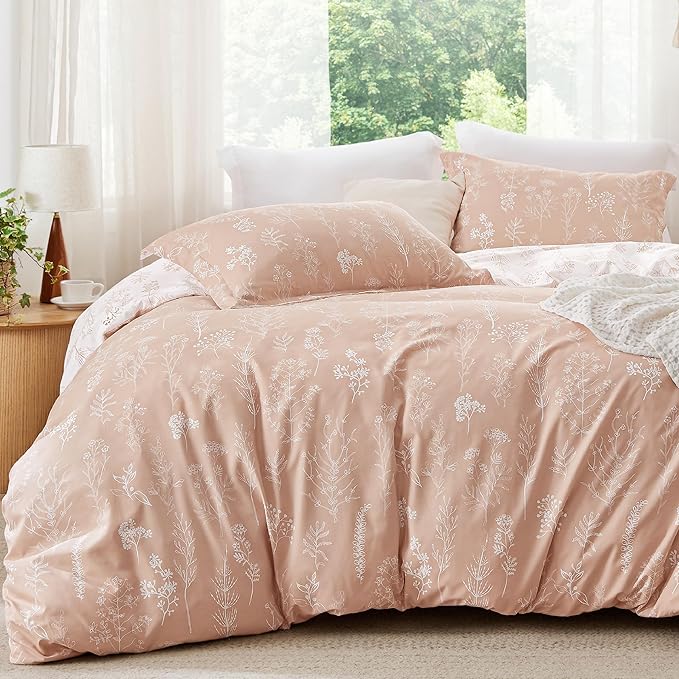 Bedsure Queen Comforter Set - Dusty Rose Bed Set, 3 Pieces Cute Floral Bedding, 1 Soft Reversible Botanical Flowers Comforter and 2 Pillow Shams
