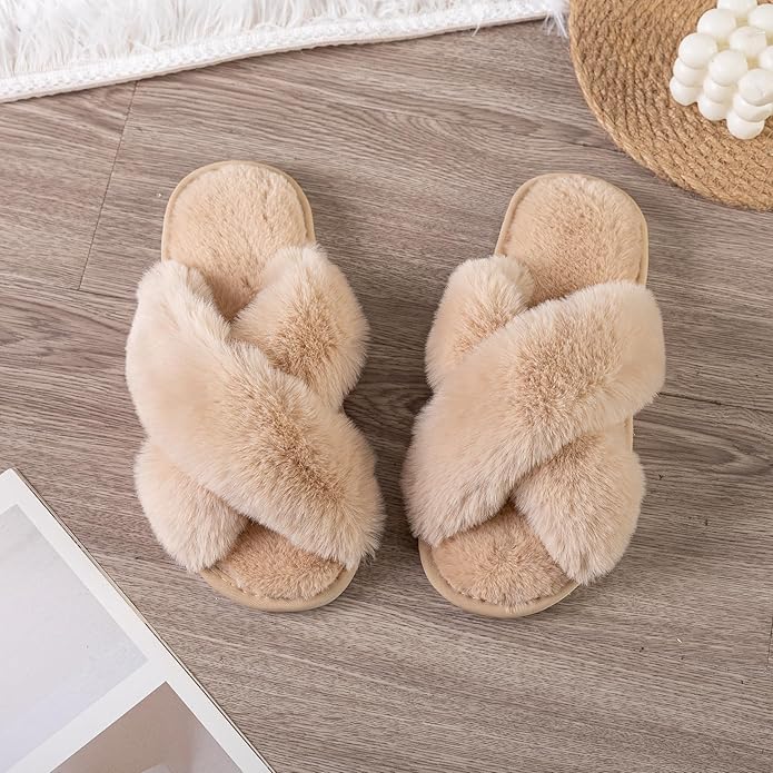 Women's Slipper Memory Foam Cross Band Fuzzy Slippers Open Toe Cozy House Slippers Cozy Plush Bedroom Indoor Outdoor
