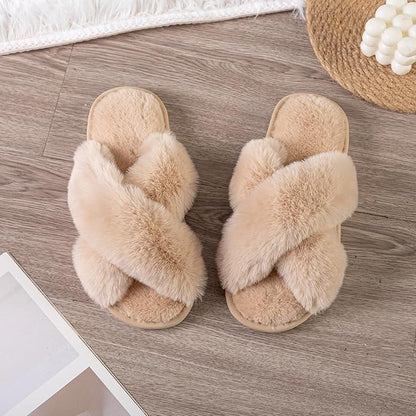 Women's Slipper Memory Foam Cross Band Fuzzy Slippers Open Toe Cozy House Slippers Cozy Plush Bedroom Indoor Outdoor