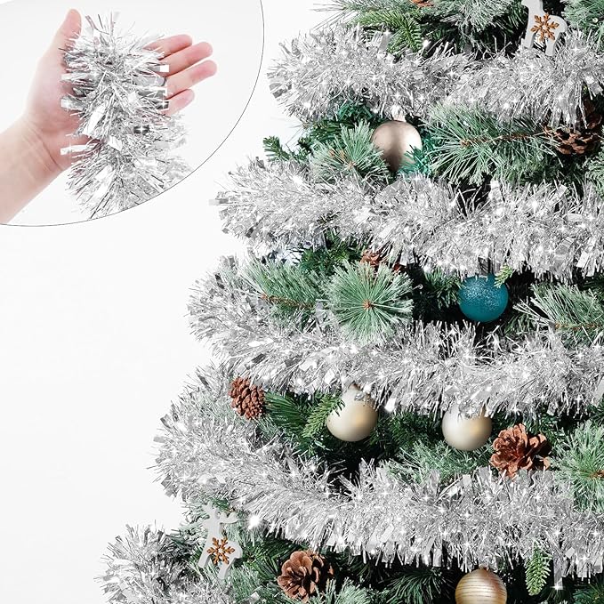 33FT Silver Tinsel Christmas Garland Metallic Twist Shiny Garland for Christmas Tree Decorations, Xmas Holiday Hanging Garland for Home Indoor Outdoor Party Supplies Decor