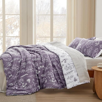Bedsure Full Comforter Set - Grayish Purple Bed Set, 3 Pieces Cute Floral Bedding, 1 Soft Reversible Botanical Flowers Comforter and 2 Pillow Shams