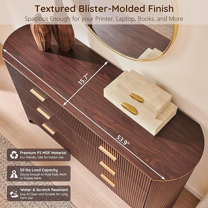 Fluted 6 Drawer Dresser for Bedroom with Curved Profile Design,53.9" W Chest of Drawers with Reeded Texture,Wide Storage Cabinet with Smooth-Glide Drawers,gold metal handle or Living Room,Brown Oak