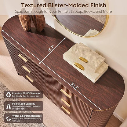 Fluted 6 Drawer Dresser for Bedroom with Curved Profile Design,53.9" W Chest of Drawers with Reeded Texture,Wide Storage Cabinet with Smooth-Glide Drawers,gold metal handle or Living Room,Brown Oak