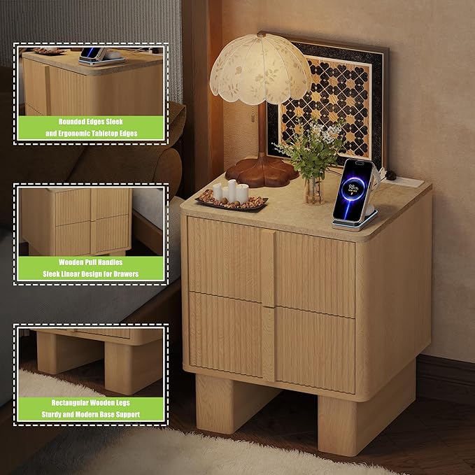 Fluted Night Stand with Charging Station, 22" Tall END Table with 2 Large Storage Drawers and 2 Widened Reinforced Legs, Modern Bedside Table for Bedroom, Living Room, Light Oak