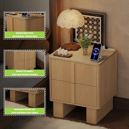 Fluted Night Stand with Charging Station, 22" Tall END Table with 2 Large Storage Drawers and 2 Widened Reinforced Legs, Modern Bedside Table for Bedroom, Living Room, Light Oak