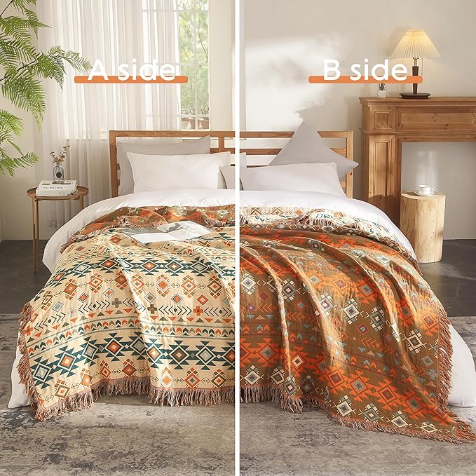 Boho Throw Blanket 100% Cotton Woven Ultra Soft 4-Layer Muslin Quilt Farmhouse Bed Blanket Cover 90"x98", Diamond