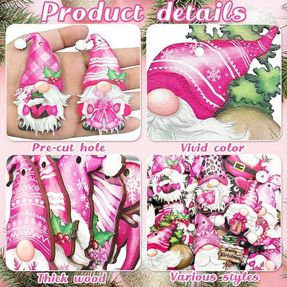 Christmas Wooden Hanging Ornaments, Wood Hanging Decor for Christmas Tree Decoration Gnome Santa Doll Wooden Hanging Craft Gnome Elf Party Supplies (Xmas-Gnomes-D)