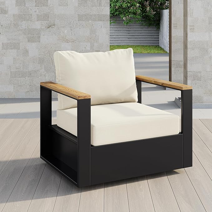 homary Outdoor Swivel Chair, Patio Chair Outdoor Seating with Beige Cushions, Aluminum Frame & Wood Accents, 360° Rotating Base, Weather-Resistant Upholstery for Patio or Deck