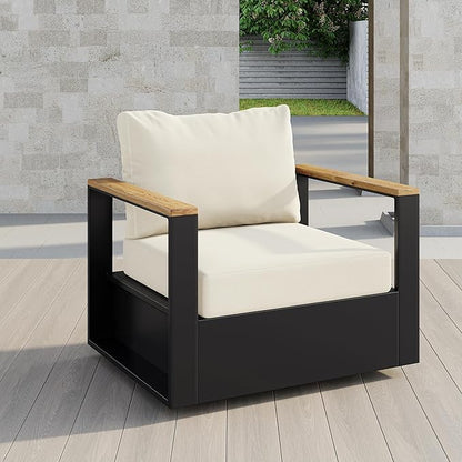 homary Outdoor Swivel Chair, Patio Chair Outdoor Seating with Beige Cushions, Aluminum Frame & Wood Accents, 360° Rotating Base, Weather-Resistant Upholstery for Patio or Deck