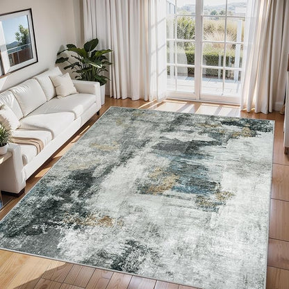 6x9 Area Rugs for Living Room Rug Washable: Abstract Rug for Dining Room Bedroom Carpet Non Slip 6 by 9 Indoor Modern Nursery Home Office Black Gold