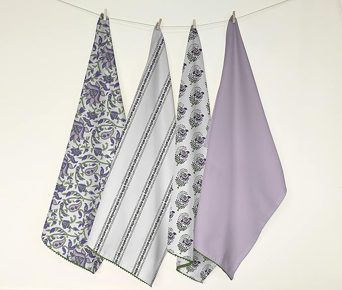 TARAN LIVING Printed Kitchen Dish Bar and Tea Towels Cotton, 18x28 inch with Trims, Cotton Dish Towel Sets (White & Purple, Set of 4)