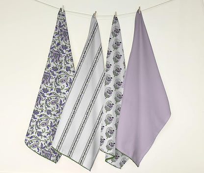 TARAN LIVING Printed Kitchen Dish Bar and Tea Towels Cotton, 18x28 inch with Trims, Cotton Dish Towel Sets (White & Purple, Set of 4)