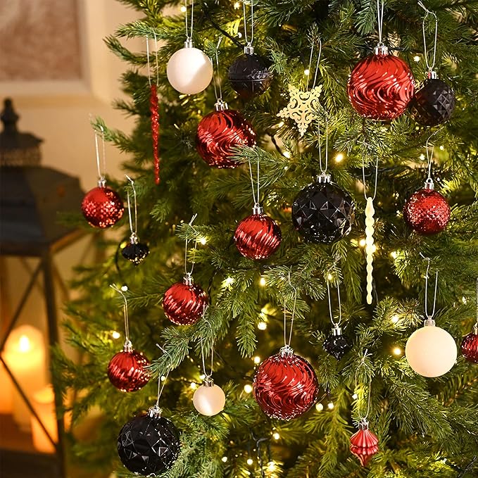 Valery Madelyn 100ct Christmas Tree Decorations Ball Ornament Set, Red and Black Shatterproof Hanging Ornaments Bulk for Xmas Holiday Party Decor