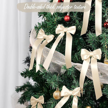 AYGXU 24pcs Twist Tie Bows,premade Rice White Bows for Gift Wrapping,Christmas Tree Bow tie,Christmas Ornaments,Double-Sided Ribbon Bow,Bag Ties Twists