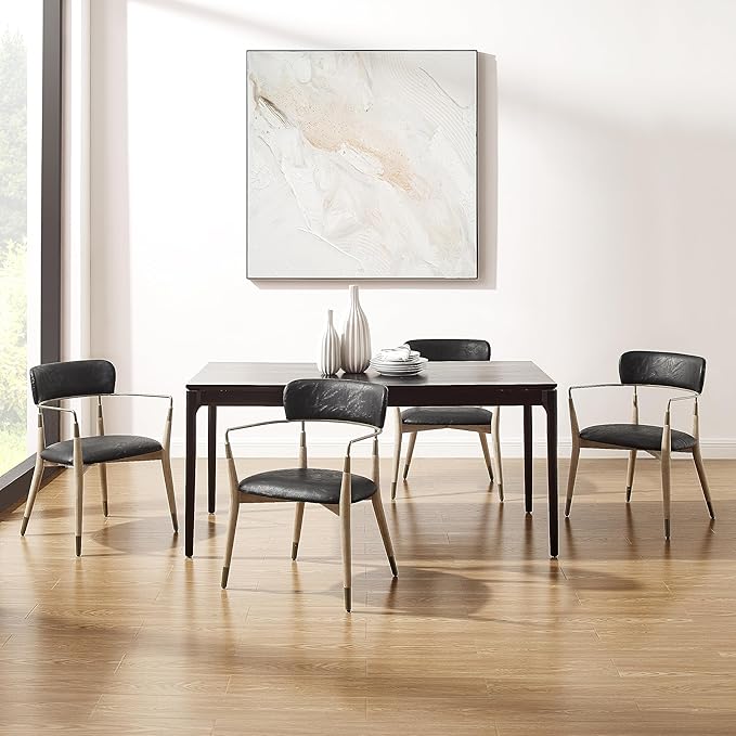 Art Leon Dining Chairs Set of 2 - Mid Century Modern Dining Room Chairs, Faux Leather Upholstered with Open Backrest, Wishbone Chair with Wood Legs, Black