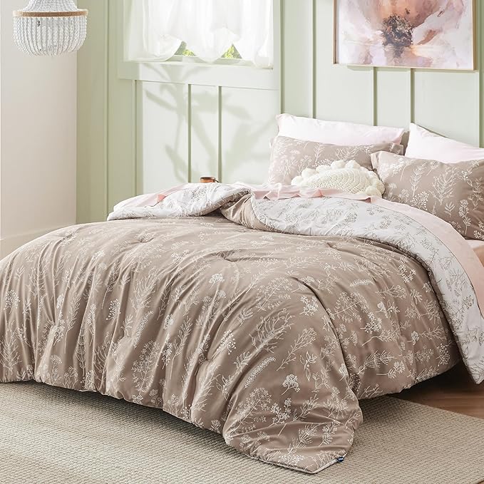 Bedsure Queen Comforter Set - Light Taupe Bed Set, 3 Pieces Cute Floral Bedding, 1 Soft Reversible Botanical Flowers Comforter and 2 Pillow Shams