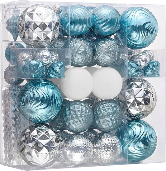 Valery Madelyn 100ct Christmas Tree Decorations Ball Ornament Set, Light Blue Silver Shatterproof Hanging Ornaments Bulk for Xmas Holiday Party Decor