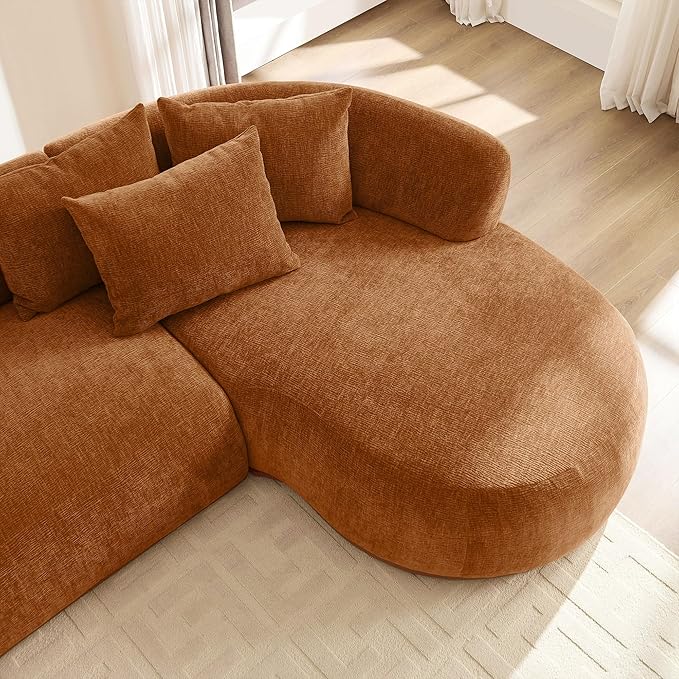 WILLIAMSPACE 134.63" Oversize Curved Sofa Cloud Couch with Round Chaise, Modern Upholstered Curved Sectional Sofa Couch with 6 Pillows for Living Room, No Assembly (Right-Facing,Orange)