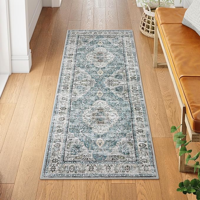 Uphome Bathroom Runner Rug, Distressed Tribal Farmhouse Blue Bathroom Mat, Long Bathroom Rugs Non Slip Washable, Oriental Retro Boho Bath Mat Runner for Bathtub Sink Hallway, 24x59 inch