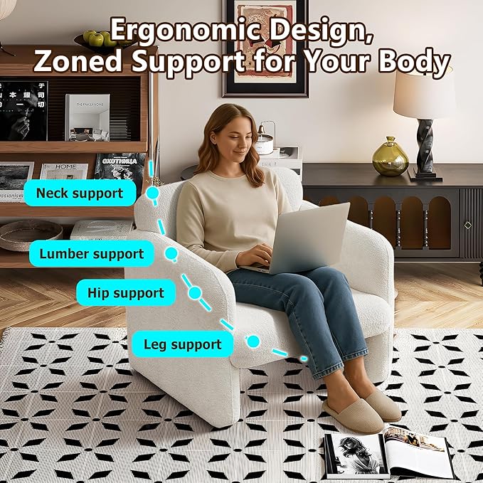 33.86" Accent Chairs, Modern Upgrade Sherpa Fabric Arm Chair Comfy Upholstered Armchair Leisure Single Sofa Chair with a Waist Pillow for Bedroom, Office and Living Room