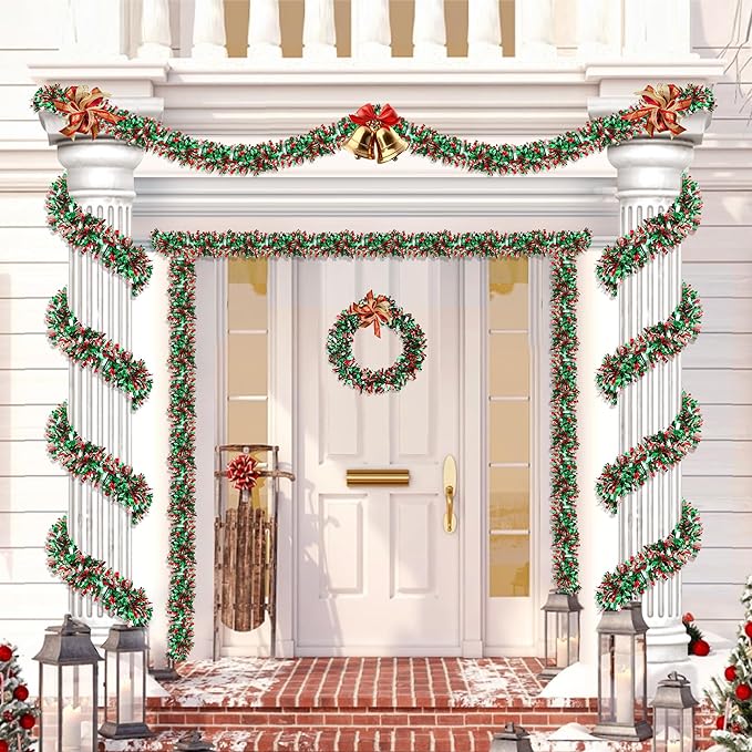 50 Feet Red Green Silver Christmas Tinsel Garland - Metallic Twist Shiny for Tree Decorations, Xmas Hanging Decor for Home Mantle Indoor Outdoor Holiday Party