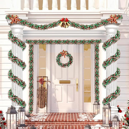 50 Feet Red Green Silver Christmas Tinsel Garland - Metallic Twist Shiny for Tree Decorations, Xmas Hanging Decor for Home Mantle Indoor Outdoor Holiday Party