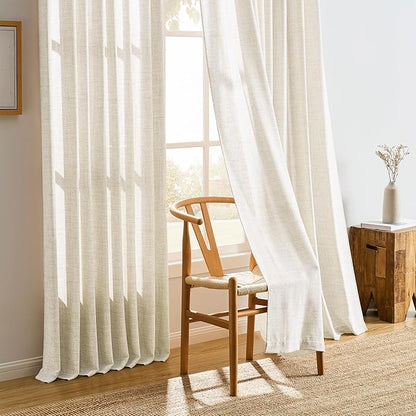Pinch Pleat Sheer Curtains 132 Inches Long, Extra Long Window Drapes for Dining Room Linen Slub Yarn Sheer Window Drape for Bedroom,Memory Shape Curtain 2 Panels Set 42 Inch Wide