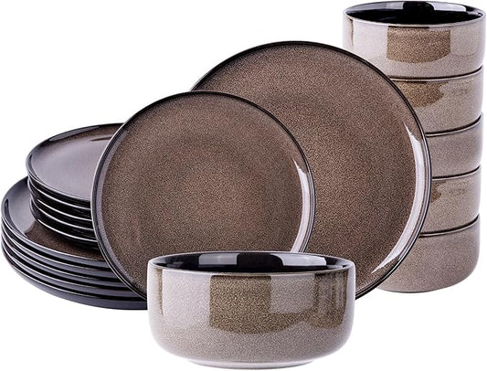 LeRatio Ceramic Dinnerware Sets for 6,Poreclain Plates and Bowls Sets,Handmade Reactive Glaze Dishes Set,Chip Resistant and Scratch Resistant | Oven&Dishwasher & Microwave Safe-Espresso Brown(18PCS)