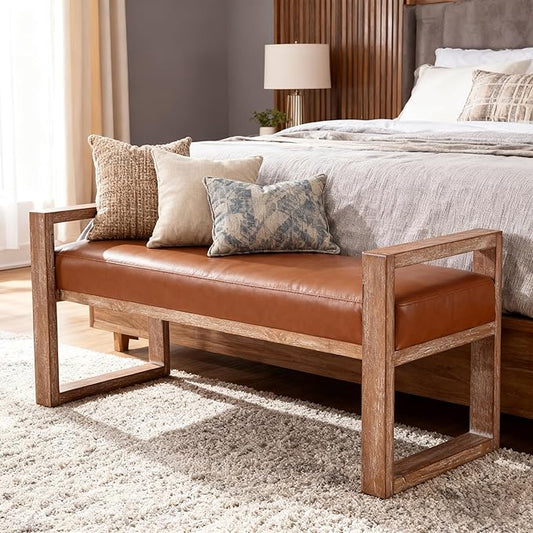 Kmax Entryway Bench, Wooden Upholstered Bench for Bedroom End of Bed with Hollow Arms Farmhouse for Entry Way Bedroom Living Room - PU, Brown