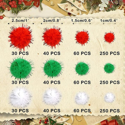Greentime Christmas Pom Pom 1140 Pcs Glitter Fluffy Balls Pompoms Red Green White for DIY Crafts Home Party Xmas Decorations Supplies (4 Sizes)