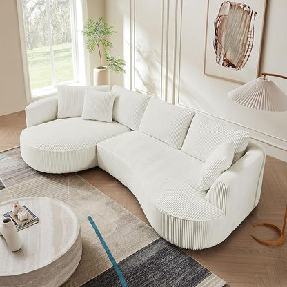 WILLIAMSPACE 122" Modern Curved Sofa Couch, Upholstery Oversized Cloud Sofa with Chaise & Pillows, Left Hand Facing Sectional Couch for Living Room (Left-Facing,White Corduroy)