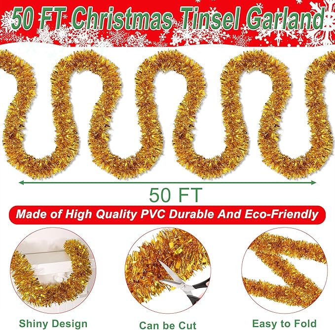 50 Feet Gold Christmas Tinsel Garland for Christmas Tree Decorations, Xmas Metallic Twist Shiny Hanging Garland Decor for Mantle Stairs Fireplace Home Holiday Indoor Outdoor