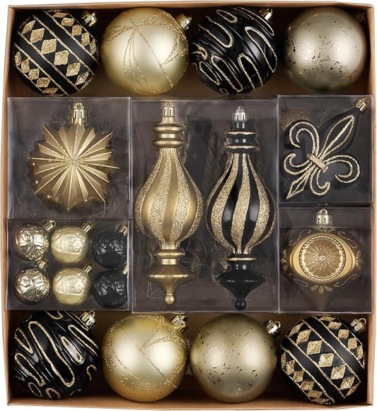 Valery Madelyn Ornaments for Christmas Trees, 60ct Black and Gold Shatterproof Christmas Tree Decorations, Luxury Hanging Ball Ornaments Bulk for Xmas Holiday Decor