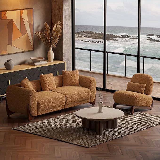 Morden Fort 3 Piece Boucle Sofa Set, Modern Upholstered Couches Sofas Set Durable Comfy Boucle Pet-Friendly, 2 ArmlessChairs & 3-Seater Sofa Sets for Living Room Bedroom Apartment, Toffee Orange