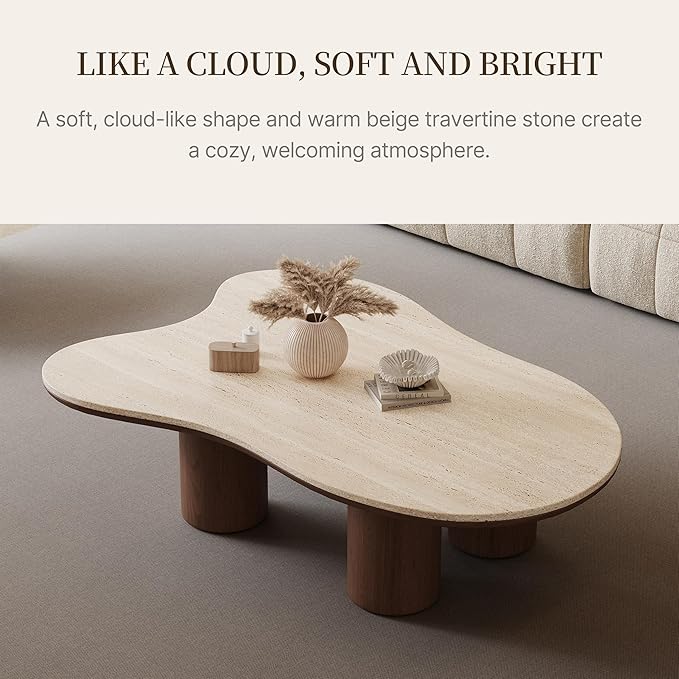48.42" Cloud Coffee Table for Living Room, Mid-Century Modern Coffee Table with Wood Legs, Unique Travertine Stone Top Living Room Table Large Tea Table for Home Office