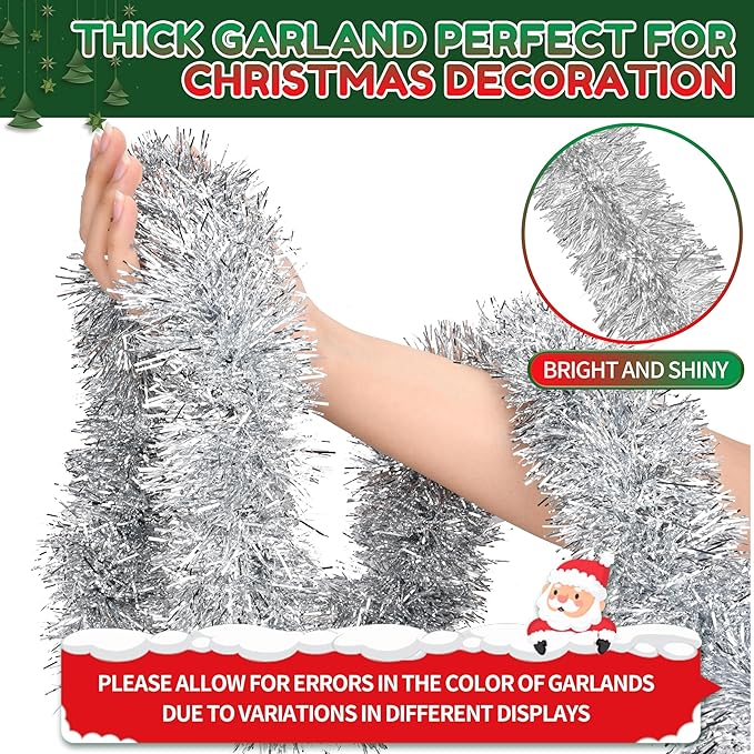 50 Ft Christmas Tinsel Garland Silver Thick Tinsel Garland Xmas Tree Decorations Metallic Tinsel Twist Garland for Christmas, Birthday, Party Decor Indoor Outdoor Party Supplies