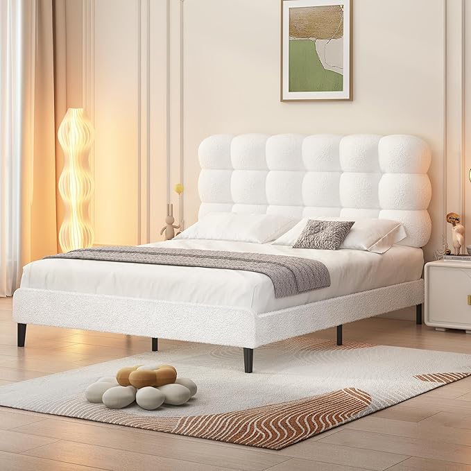 BarnFurin Queen Bed Frame with Upholstered Headboard, Teddy Soft Boucle Fabric, Platform Bed with Strong Wooden Slats Support, Two Bed Forms Design, No Boxing Spring Needed, Easy Assembly, White