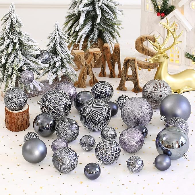 Grey Christmas Ball Ornaments Christmas Tree Decorations with Hang Rope-36pcs Shatterproof Christmas Ornaments Set with 6 Styles in 3 Sizes(Small Medium Large)