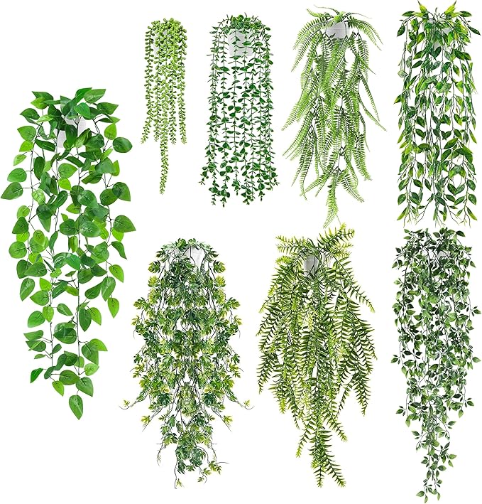 Der Rose 8Pcs Fake Plants Hanging Artificial Ivy Vine Faux Eucalyptus Hanging Plants for Home Boho Wall Shelf Indoor Outdoor Decor (White Pots)