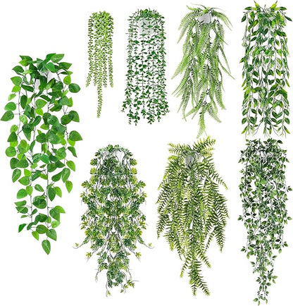 Der Rose 8Pcs Fake Plants Hanging Artificial Ivy Vine Faux Eucalyptus Hanging Plants for Home Boho Wall Shelf Indoor Outdoor Decor (White Pots)