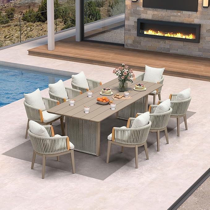 PURPLE LEAF Outdoor Dining Table Set of 9, Aluminum Outdoor Patio Table and Chairs Set with Olefin Cushions, Patio Furniture Set for Garden or Deck, Beige