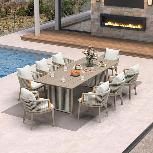 PURPLE LEAF Outdoor Dining Table Set of 9, Aluminum Outdoor Patio Table and Chairs Set with Olefin Cushions, Patio Furniture Set for Garden or Deck, Beige