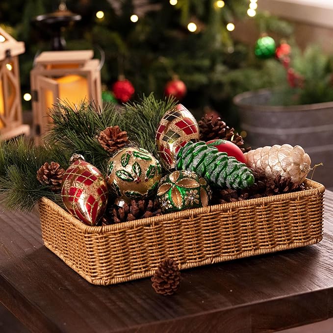 Valery Madelyn Glass Christmas Ornaments Set, 10ct Red Green and Gold Mercury Blown Glass Christmas Tree Ball Decorations, Traditional Country Xmas Hanging Teardrop Finial Bulk for Holiday Decor