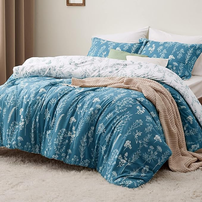 Bedsure King Comforter Set - Teal Blue Bed Set, 3 Pieces Cute Floral Bedding, 1 Soft Reversible Botanical Flowers Comforter and 2 Pillow Shams