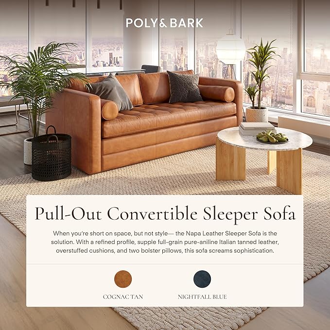 POLY & BARK Napa 82" Pull-Out Convertible Sleeper Sofa in Full-Grain Pure-Aniline Italian Leather, Cognac Tan