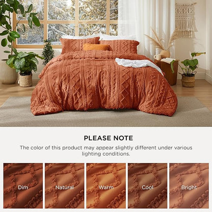 Bedsure Tufted Boho Comforter Set Queen Size - Terracotta Boho Bed Set, GentleSoft™ 3 Pieces Farmhouse Shabby Chic Embroidery Bedding, Gifts for Woman, Soft Jacquard Queen Comforter for All Seasons