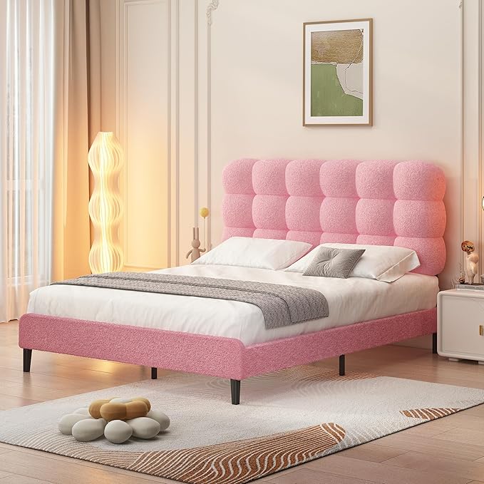 BarnFurin Queen Bed Frame with Soft Teddy Boucle Upholstered Headboard, Platform Bed with Strong Wooden Slats Support, Two Bed Forms Design, No Boxing Spring Needed, Easy Assembly, Pink