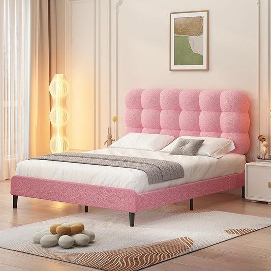 BarnFurin Full Size Bed Frame with Upholstered Headboard, Teddy Soft Boucle Fabric, Platform Bed with Strong Wooden Slats Support, Two Bed Forms Design, No Boxing Spring Needed, Easy Assembly, Pink