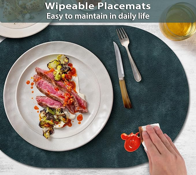 ADRIMER Placemats, Heat Resistant Oval Placemats Set of 6 Washable 12 x 17 Inch, Waterproof Table Mats, Wipeable Pu Place Mats for Kitchen, Dining Room, Dark Blue