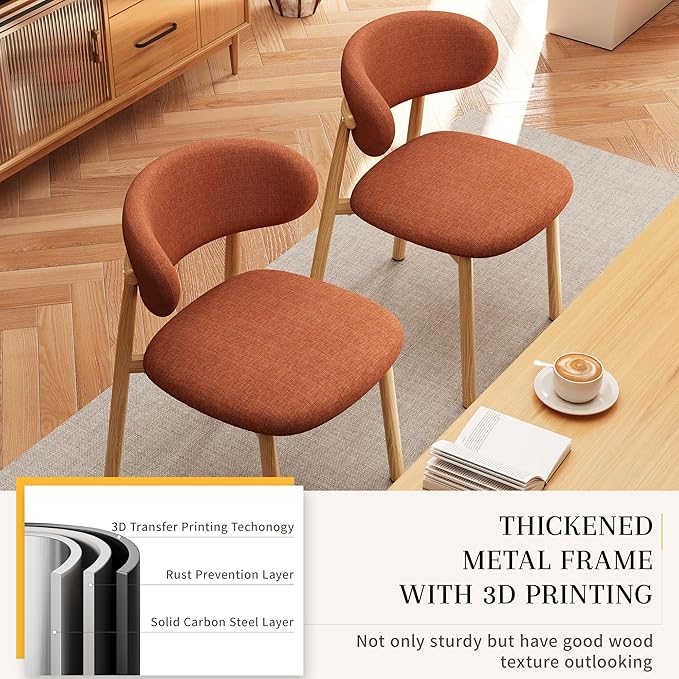 Kitchen Dining Chairs Set of 4 Modern Soft Linen Farmhouse Dining Room Chair with Metal Legs, Orange/Original